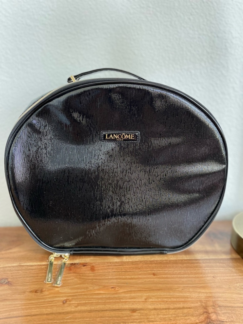 Lancome Large Round Black Patent Leather-Look Makeup Case Travel Bag NWOT